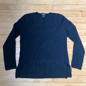 Lord & Taylor Cashmere Sweater Womens Medium Black V-Neck Ribbed Trim Side Slit